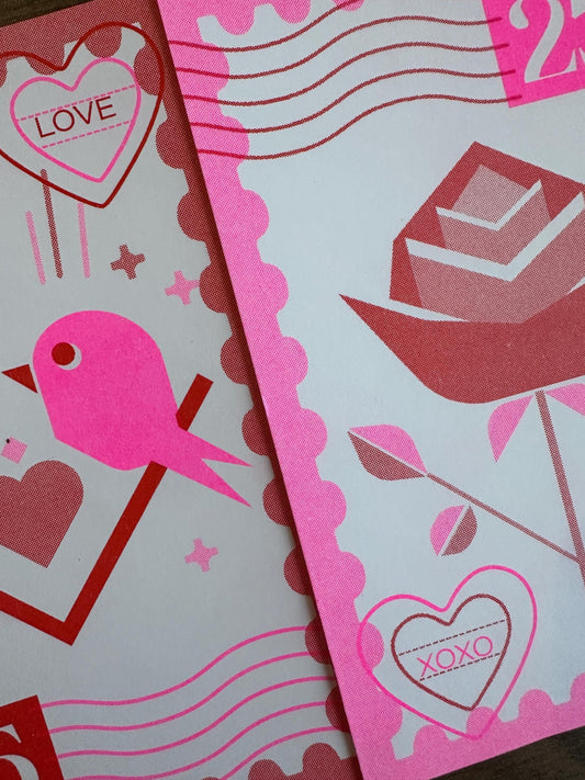 Love Birds Stamp Inspired - Risograph Postcard