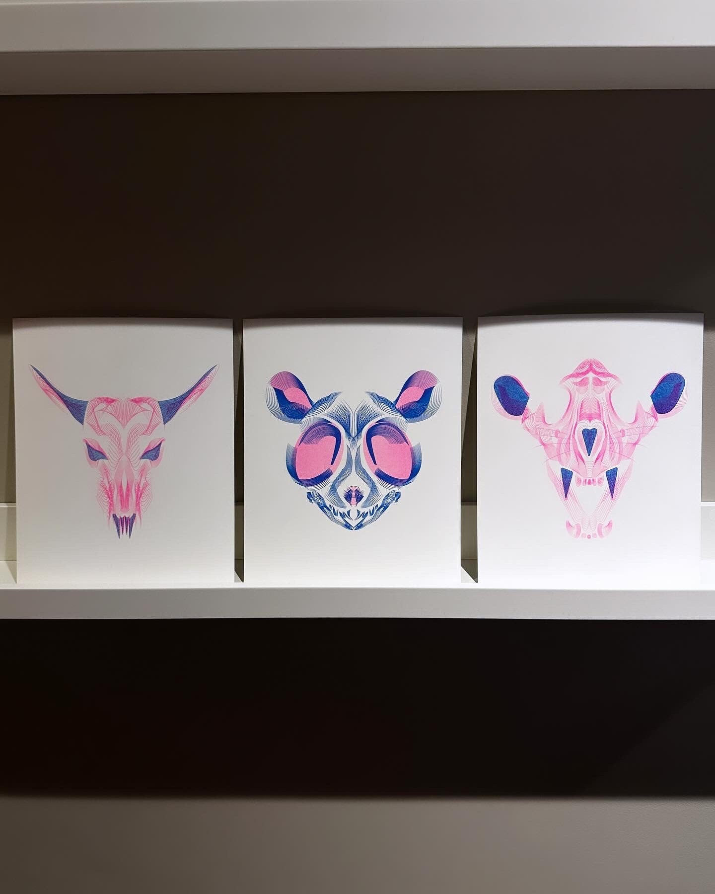 Tiger, Mouse, Bull Skull - Risograph Print, 8x10