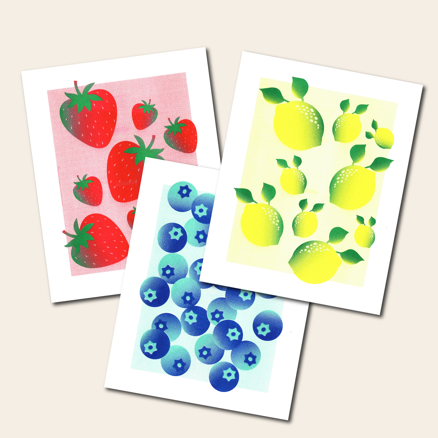 Fruit Trio: Strawberry, Lemon, Blueberry - Risograph Print, 8x10