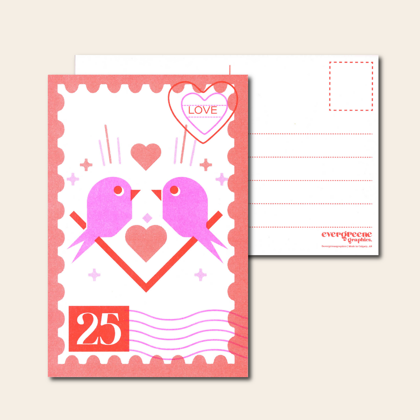 Love Birds Stamp Inspired - Risograph Postcard