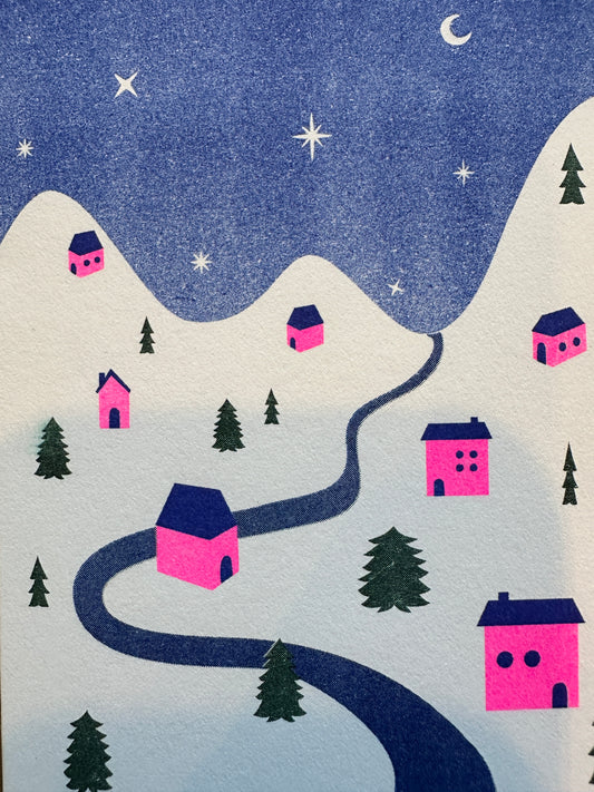 Snowy Mountain Summit - Holiday Risograph Card